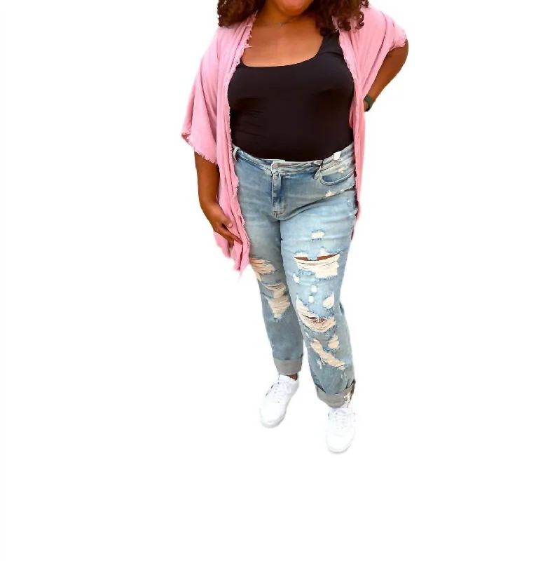 Huge Price Cut Eslen High Waisted Fray Hem With Double Cuff Extra Long Boyfriend Jeans In Light Blue