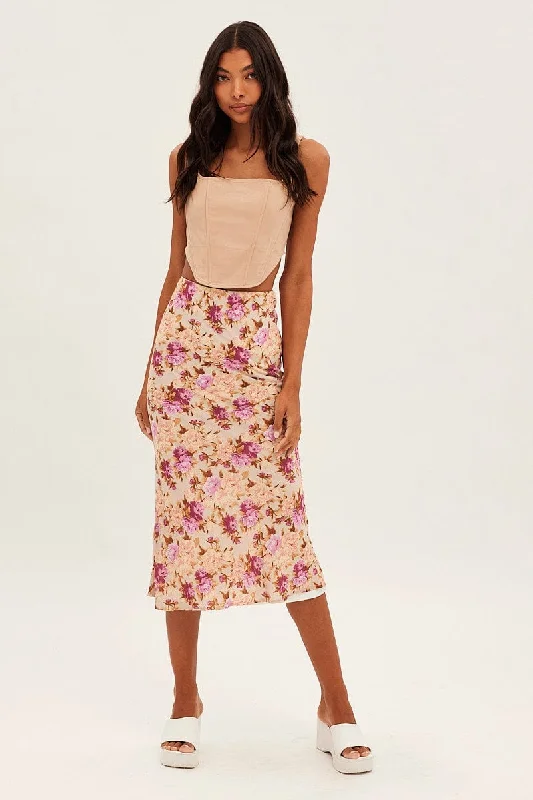 Sleek Design Print Print Midi Skirt Slip Lined Chiffon