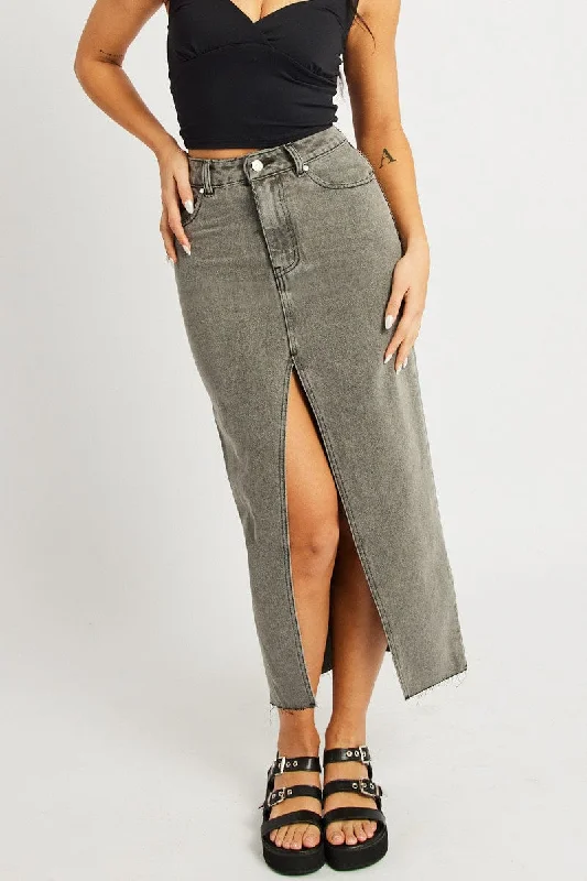 Classic Appeal Grey Maxi Skirt High Rise Front Split