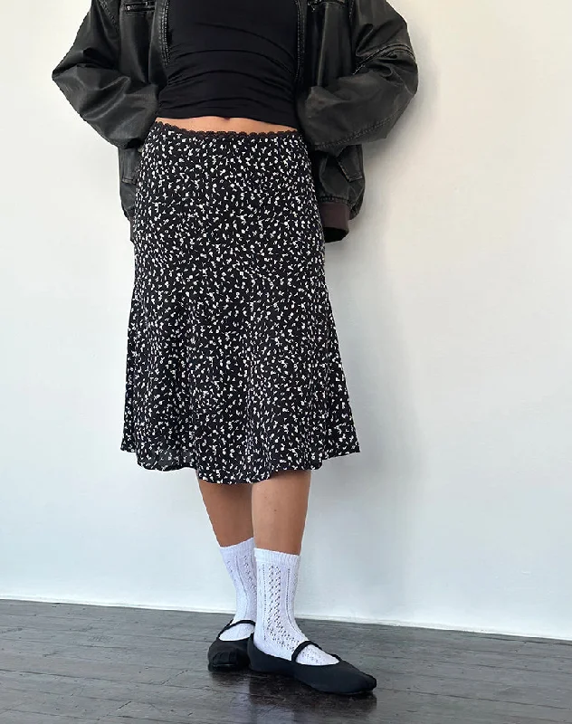 Luxury Fashion Rahyu Midi Skirt in Black Ditsy Romance