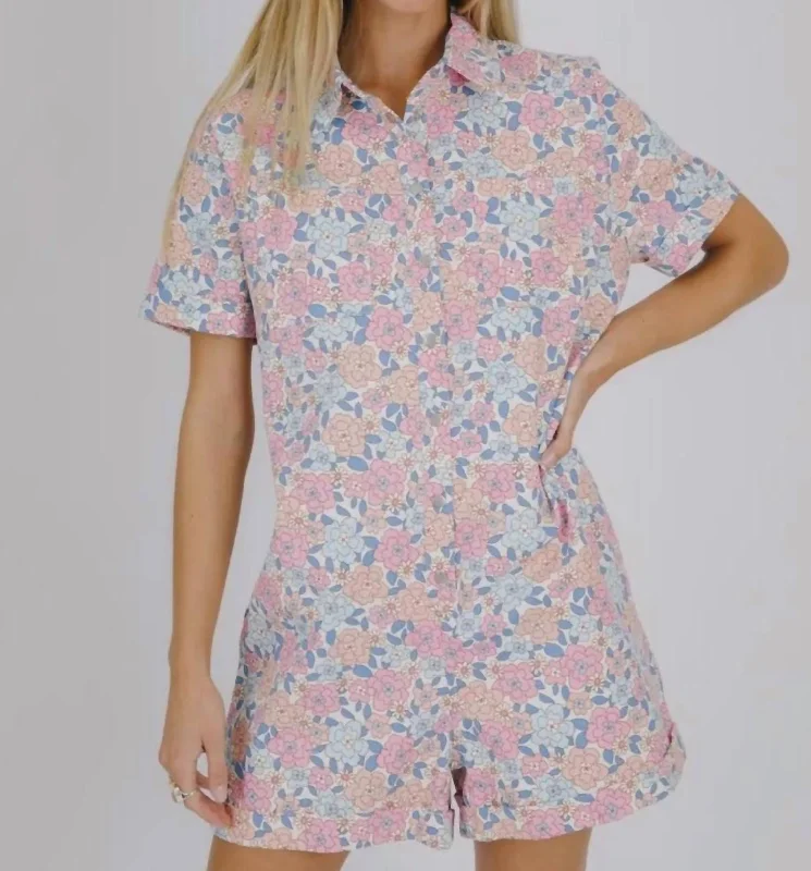 Elegant Attire Shorter Days Denim Romper In Pink
