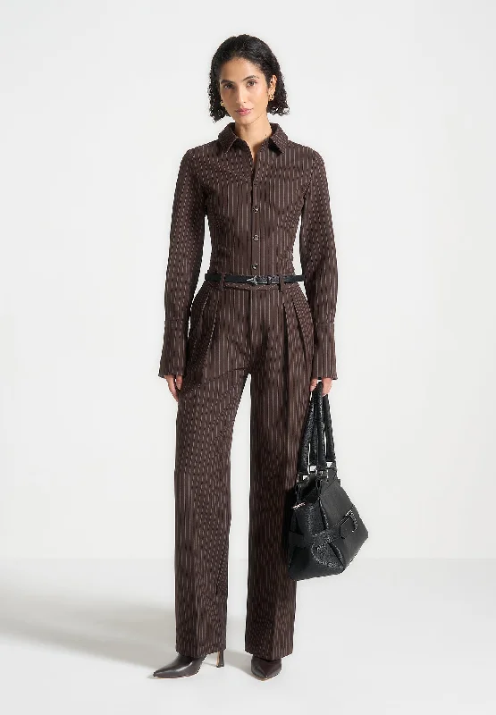 Ethnic Cultural Event Wear Pinstripe Twin Pleat Tailored Trousers - Brown