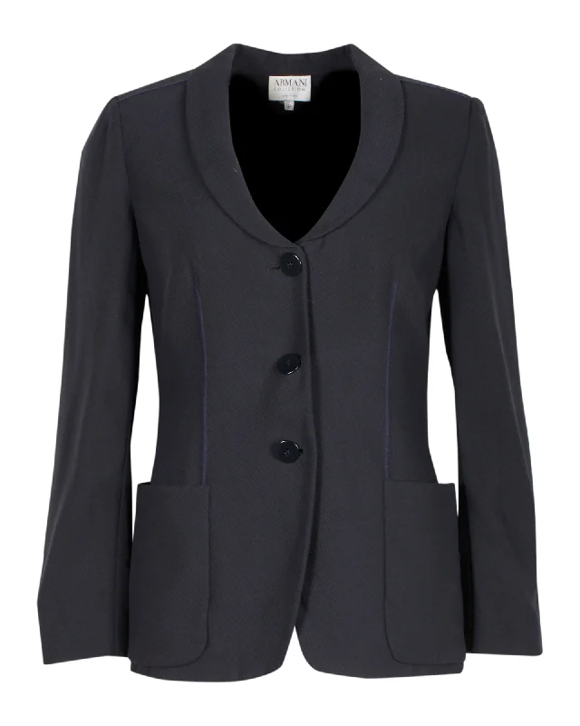 Essentials On Sale Armani Collezioni Single-Breasted Blazer in Navy Blue Wool