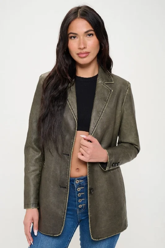 Hot Deals Single-Breasted Vegan Leather Blazer