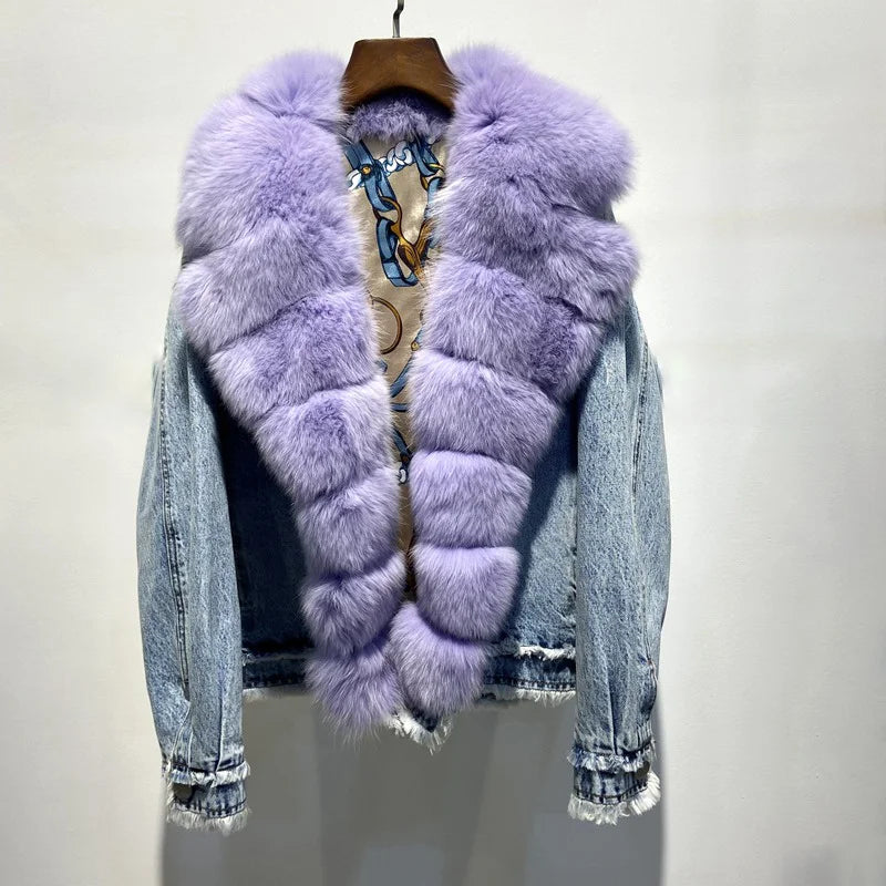 Women's Street Style Casual Wear Women's Luxury Warm Winter Denim Jacket with Real Fox Fur Collar