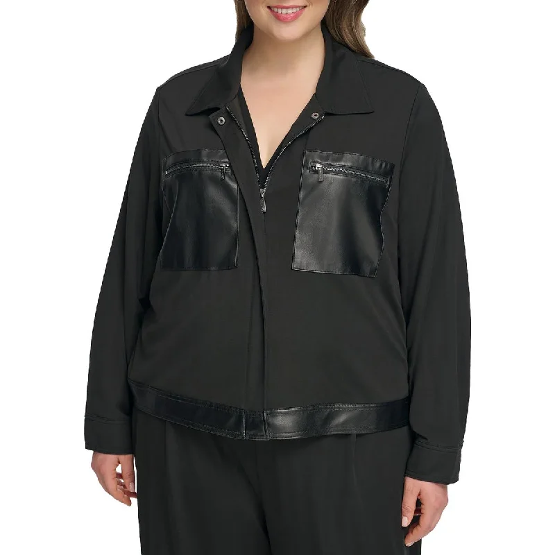 Women's Holiday Outfit Calvin Klein Womens Plus Faux Leather Trim Lightweight Shirt Jacket