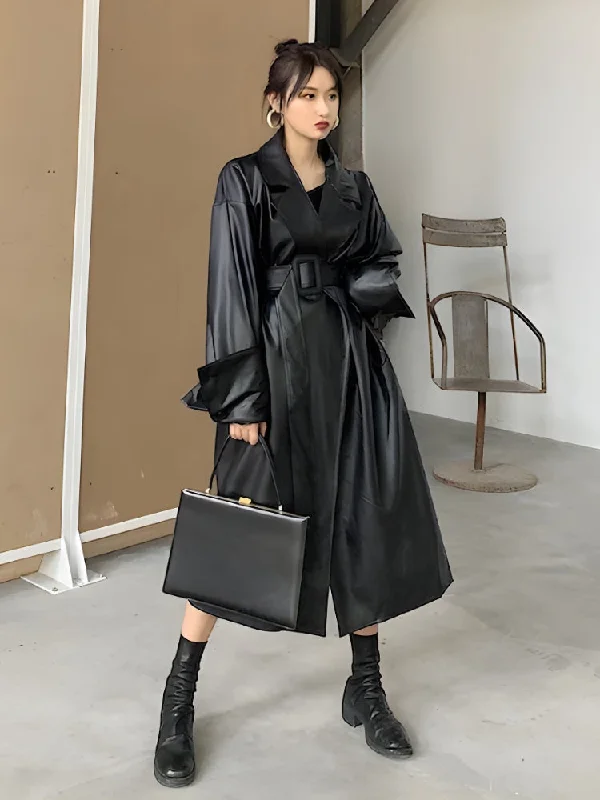 Comfortable Outfit For Women Belted Faux Leather Coat