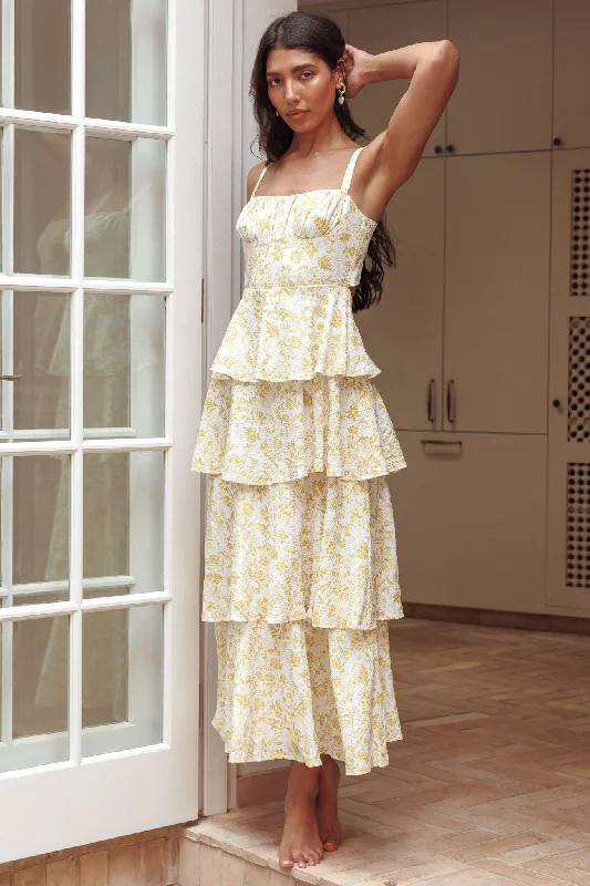 Women's Elegant Clothes Provence Bloom Tiered Midi Dress Floral Yellow