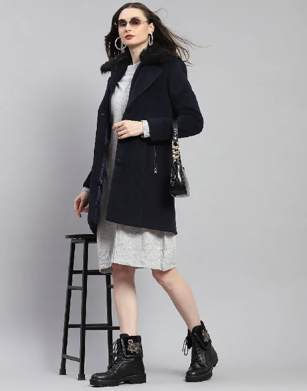 Women's Formal Wear Women Navy Blue Self Design Lapel Collar Full Sleeve Coat