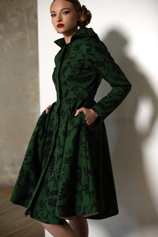 Sales For Clothes Fit and Flare Coat with Pleated Skirt in Green and Black | 'Forest Flower'