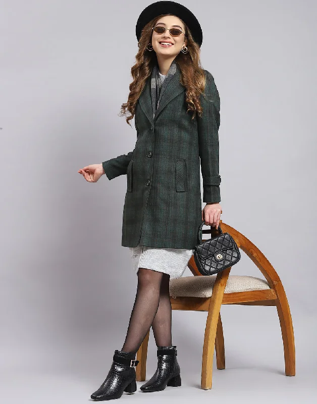 Women's Vintage-Inspired Outfit Women Green Check Lapel Collar Full Sleeve Coat