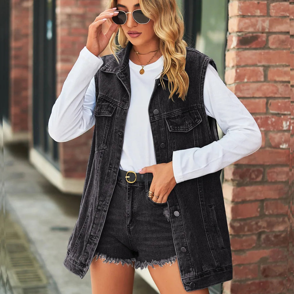 Women's Work Outfit Women's Casual Sleeveless Single-Breasted Loose Long Jean Jacket
