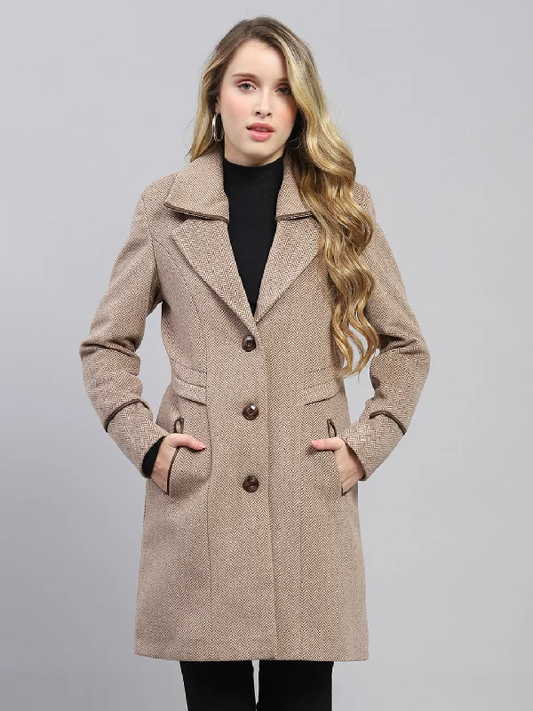 Modern Women's Clothes Women Brown Self Design Collar Full Sleeve Coat