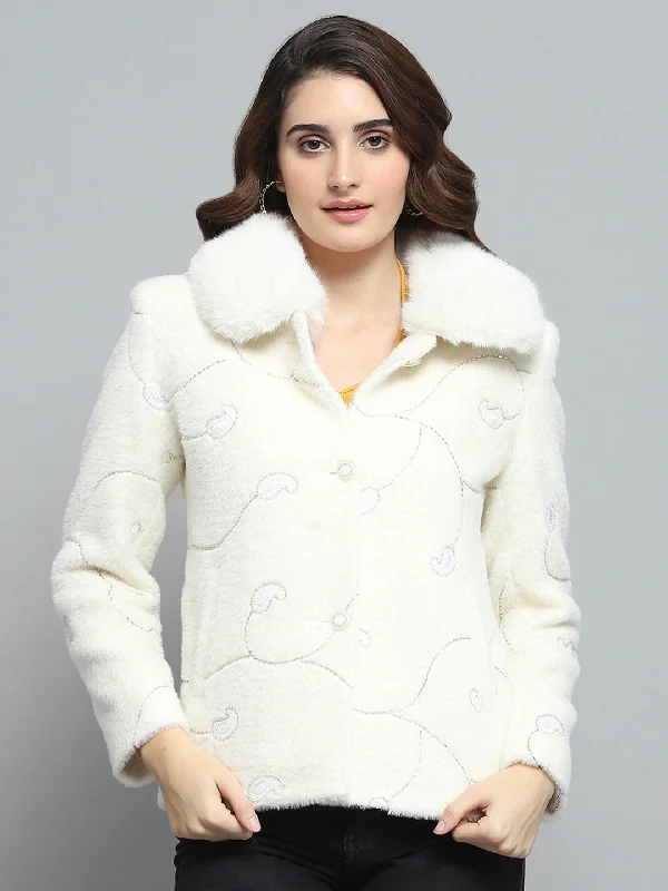 Chic And Comfortable Women White Self Design Collar Full Sleeve Coat