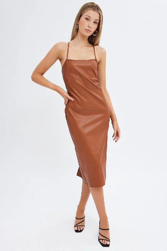 Huge Discounts This Week Beige Faux Leather Dress Sleeveless Scoop Neck Midi