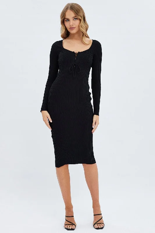 Update With Cottagecore Styles Black Knit Dress Long Sleeve Midi