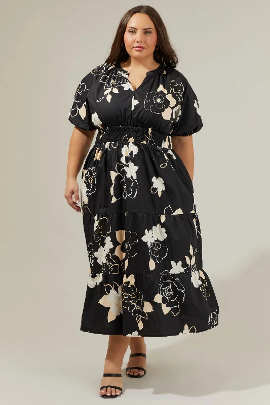 Trending Items Cairan Rose Hacienda Puff Sleeve Midi Dress Curve