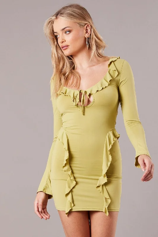 Classic Appeal Green Ruffle Mini Dress Bell Cuff Bodycon Dress