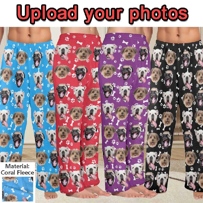 Limited Time Flash Sale Coral Fleece Pajama Trousers-Custom Pet Face Bone Foot Print Warm and Comfortable Sleepwear Long Pajama Pants For Men Women